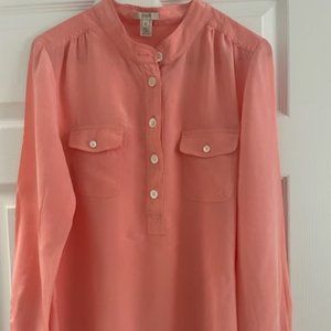 J. Crew Silk Blouse Size 10 orange pastel popover mandarin tab collar longsleeve